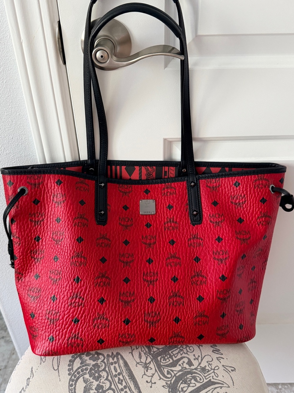 MCM Red Visetos Canvas Tote with Black Trim